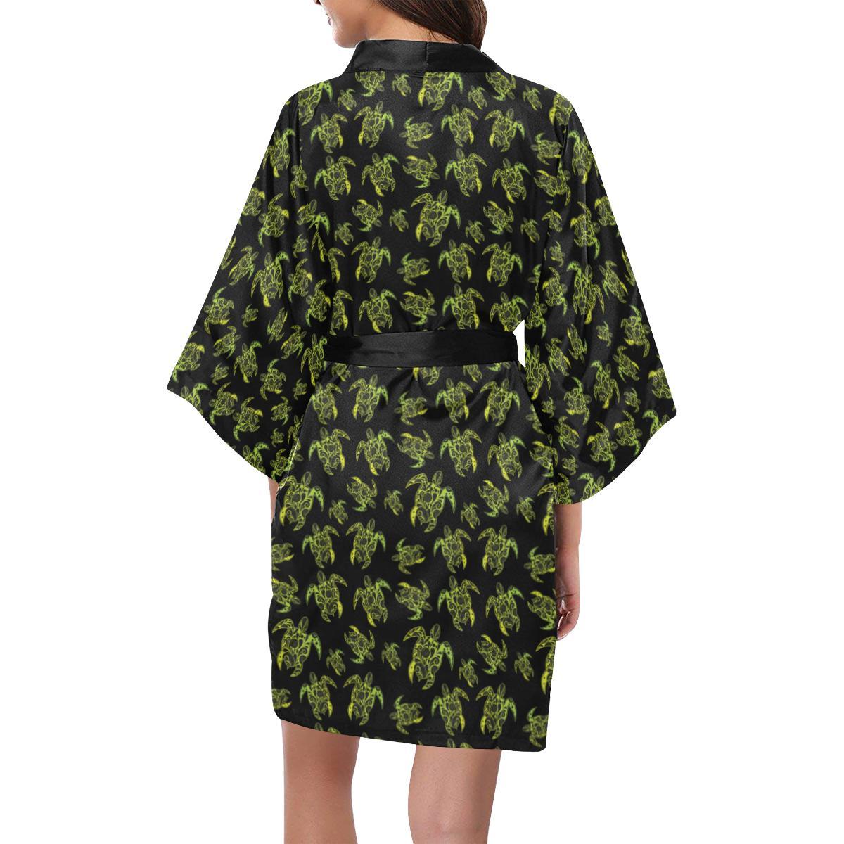 Green Tribal Turtle Polynesian Themed Women Short Kimono Robe