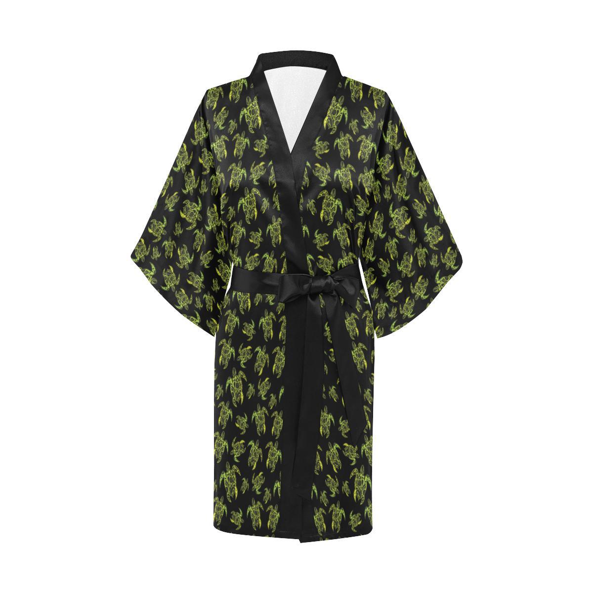 Green Tribal Turtle Polynesian Themed Women Short Kimono Robe
