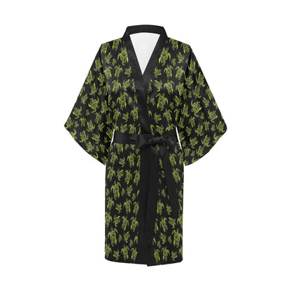 Green Tribal Turtle Polynesian Themed Women Short Kimono Robe