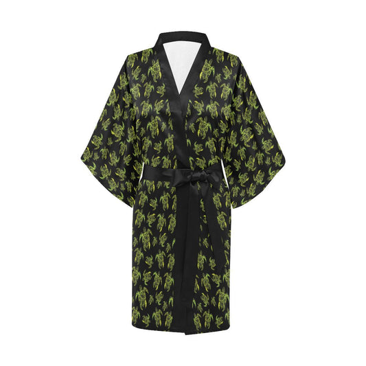 Green Tribal Turtle Polynesian Themed Women Short Kimono Robe