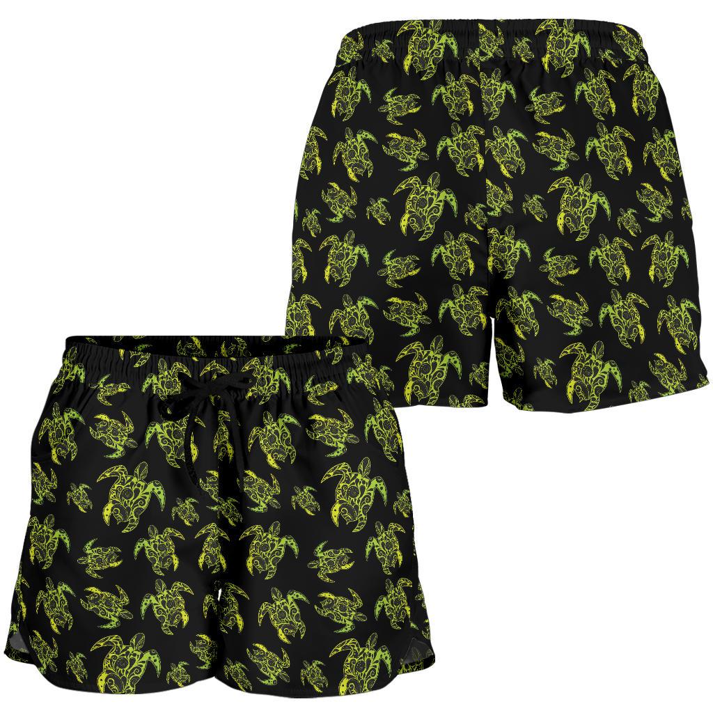 Green Tribal Turtle Polynesian Themed Women Shorts-JTAMIGO.COM