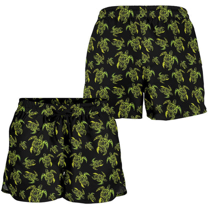Green Tribal Turtle Polynesian Themed Women Shorts-JTAMIGO.COM