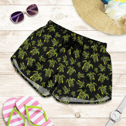Green Tribal Turtle Polynesian Themed Women Shorts-JTAMIGO.COM