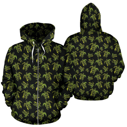 Green Tribal Turtle Polynesian Themed Zip Up Hoodie