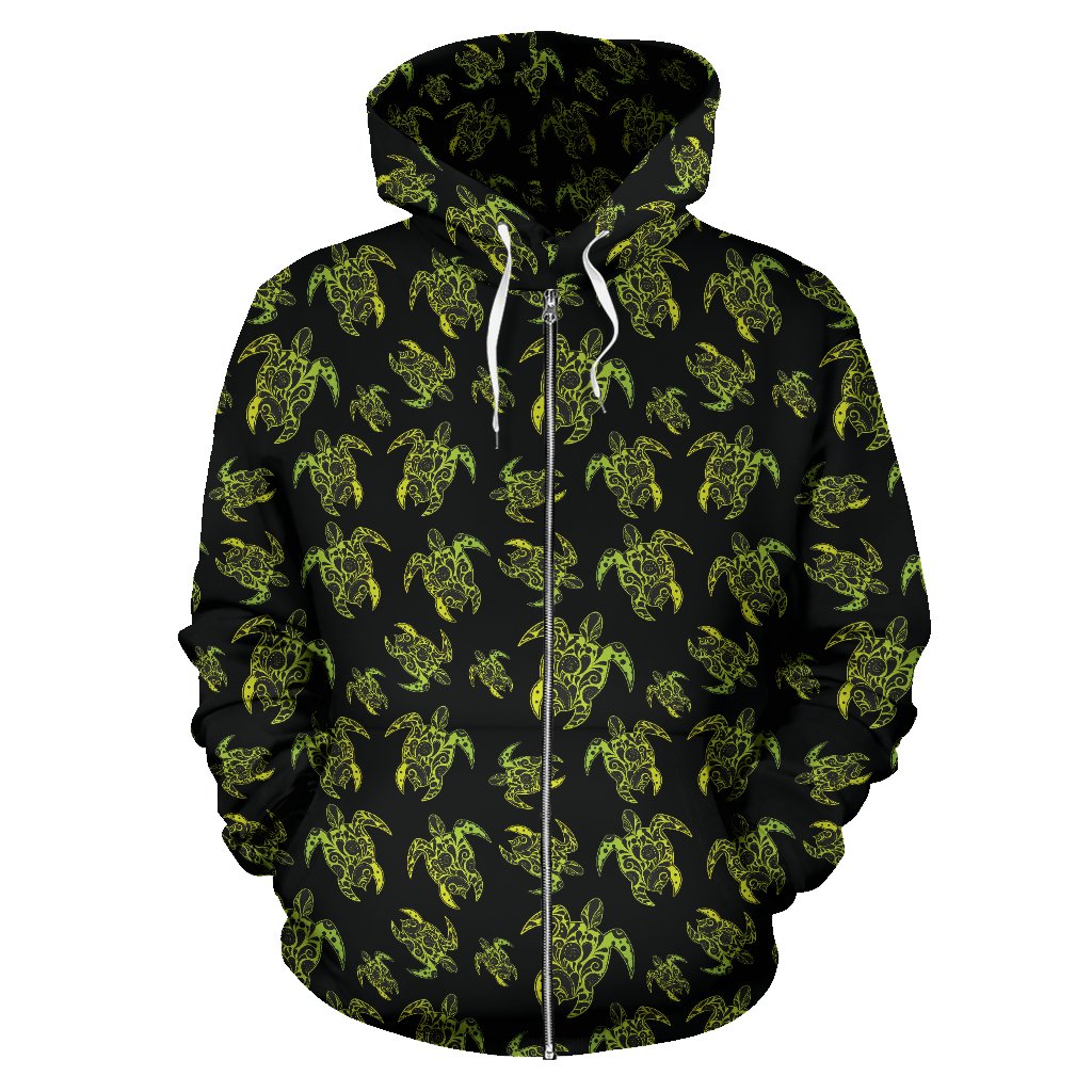 Green Tribal Turtle Polynesian Themed Zip Up Hoodie