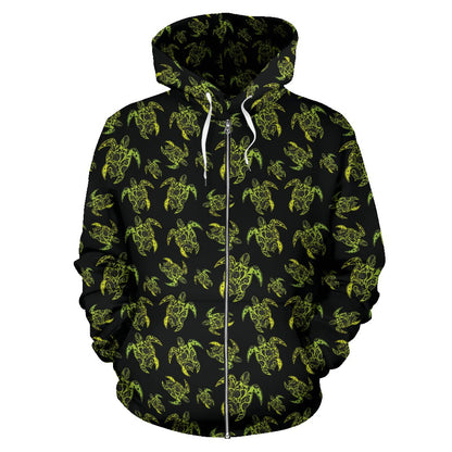 Green Tribal Turtle Polynesian Themed Zip Up Hoodie