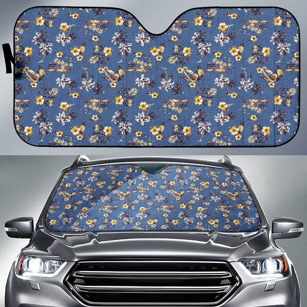 Hawaiian Flower Blue Print Car Sun Shade For Windshield