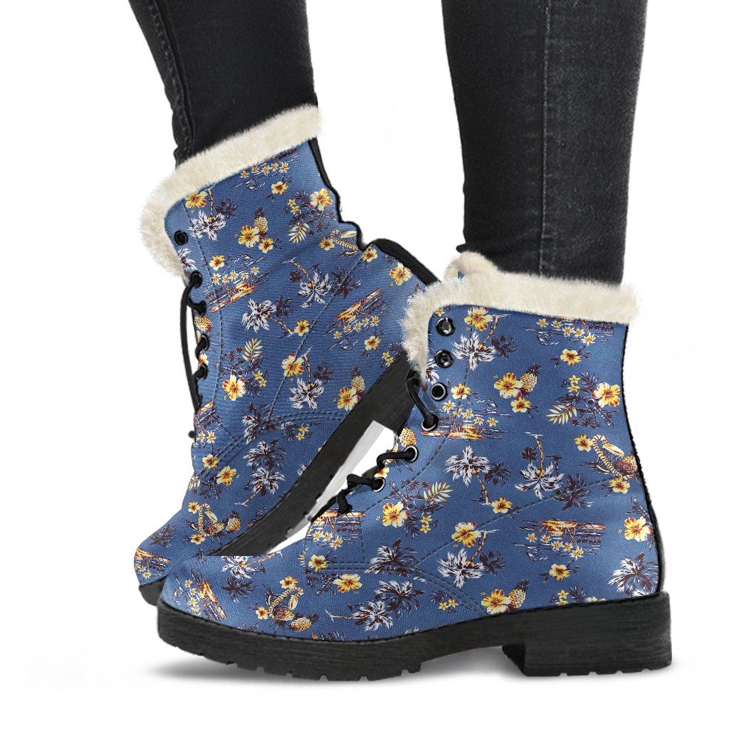 Hawaiian Flower Blue Print Faux Fur Leather Boots-JTAMIGO.COM