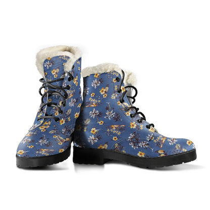 Hawaiian Flower Blue Print Faux Fur Leather Boots-JTAMIGO.COM