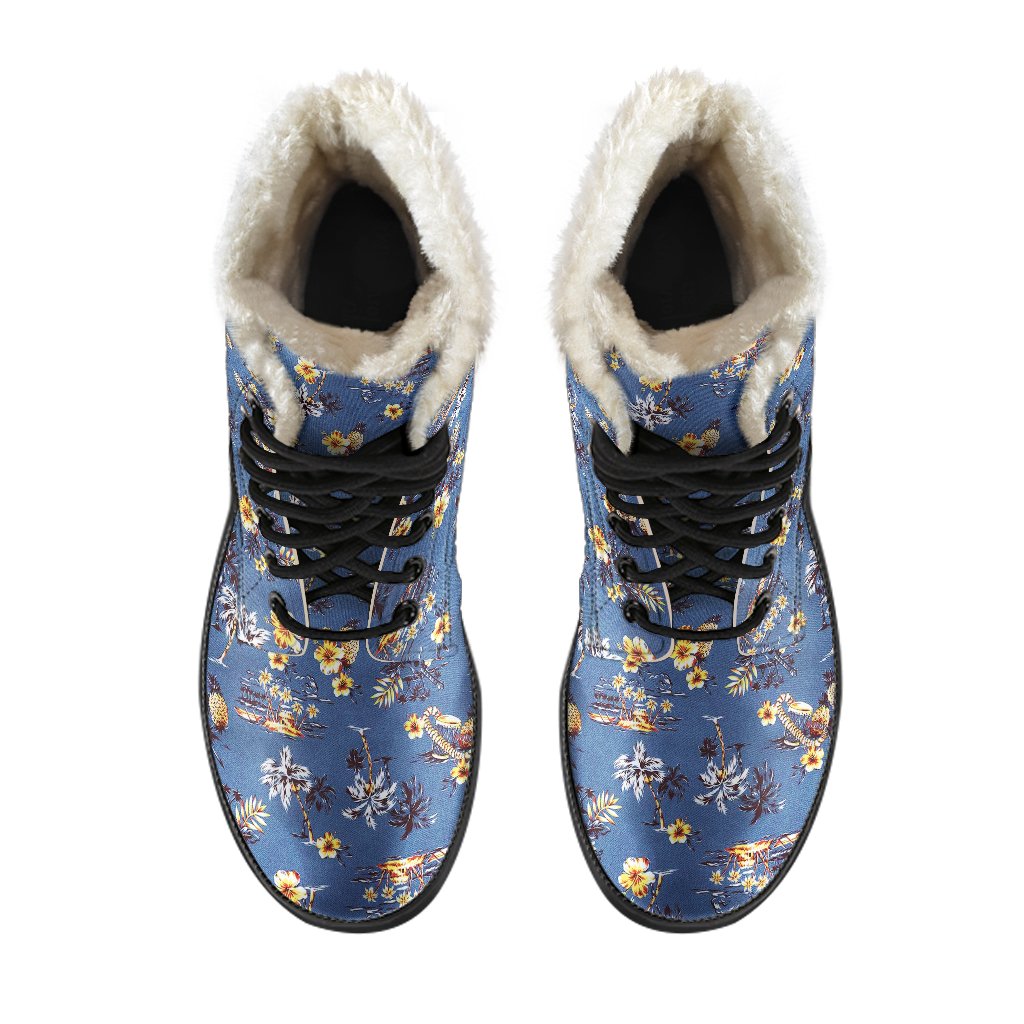 Hawaiian Flower Blue Print Faux Fur Leather Boots-JTAMIGO.COM