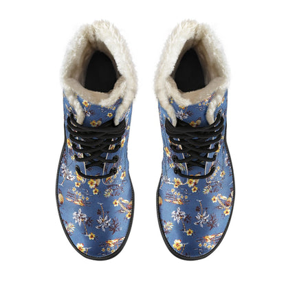 Hawaiian Flower Blue Print Faux Fur Leather Boots-JTAMIGO.COM
