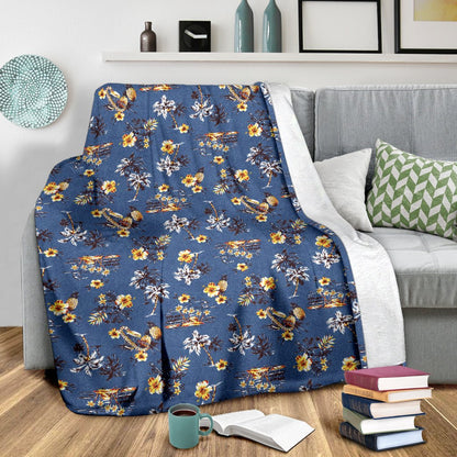 Hawaiian Flower Blue Print Fleece Blanket