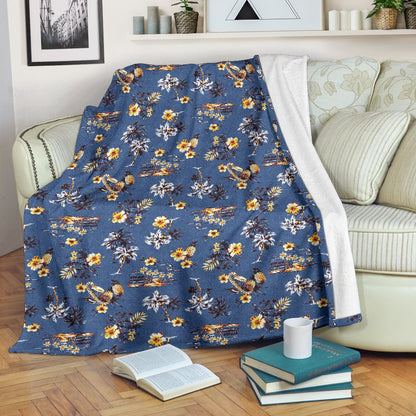 Hawaiian Flower Blue Print Fleece Blanket