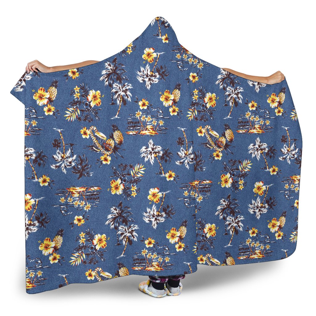 Hawaiian Flower Blue Print Hooded Blanket-JTAMIGO.COM