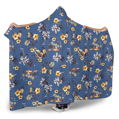 Hawaiian Flower Blue Print Hooded Blanket-JTAMIGO.COM