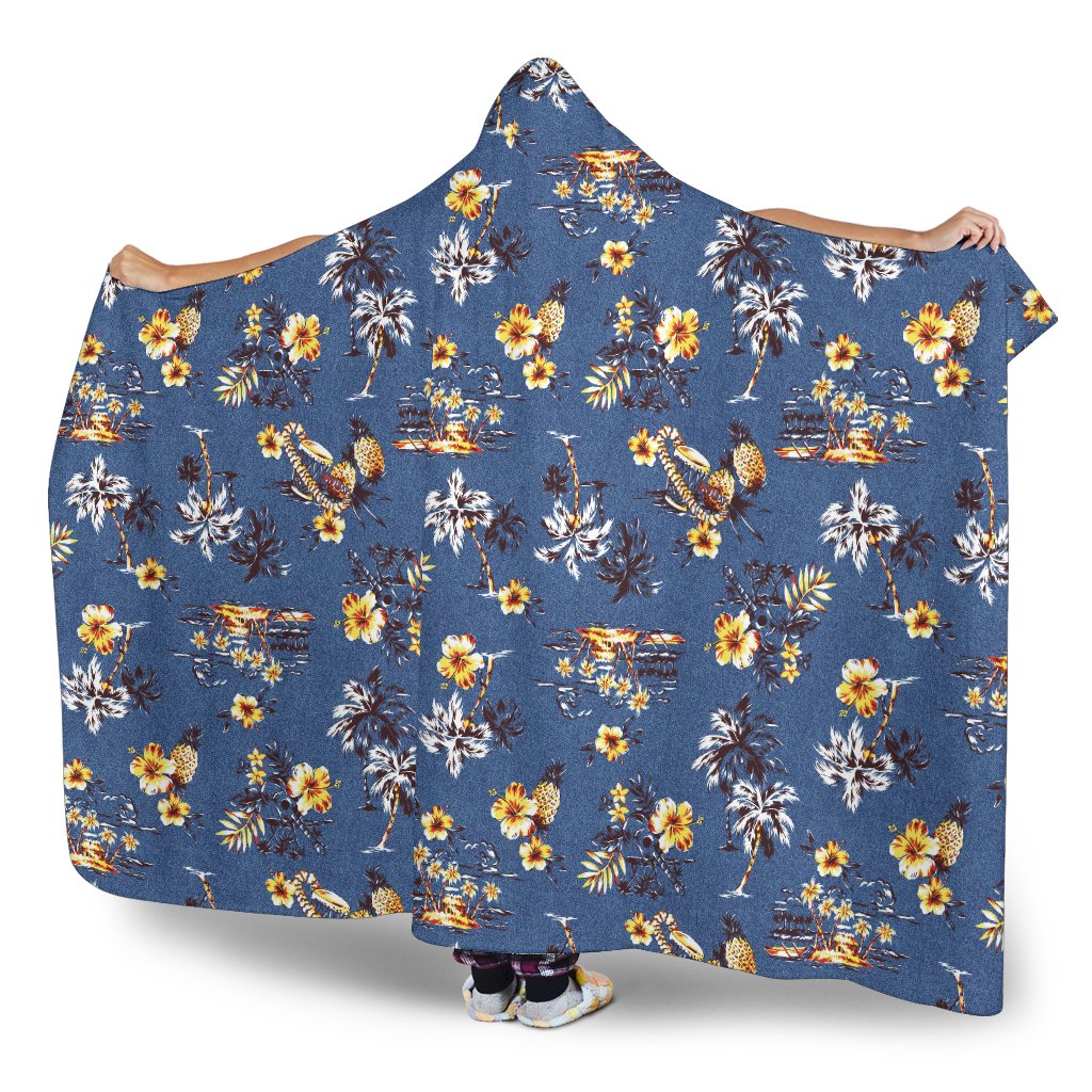 Hawaiian Flower Blue Print Hooded Blanket-JTAMIGO.COM