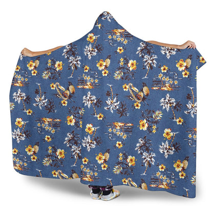 Hawaiian Flower Blue Print Hooded Blanket-JTAMIGO.COM