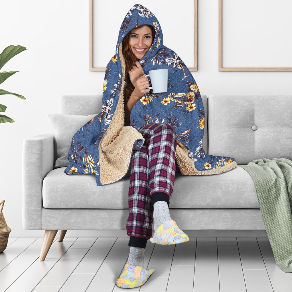 Hawaiian Flower Blue Print Hooded Blanket-JTAMIGO.COM