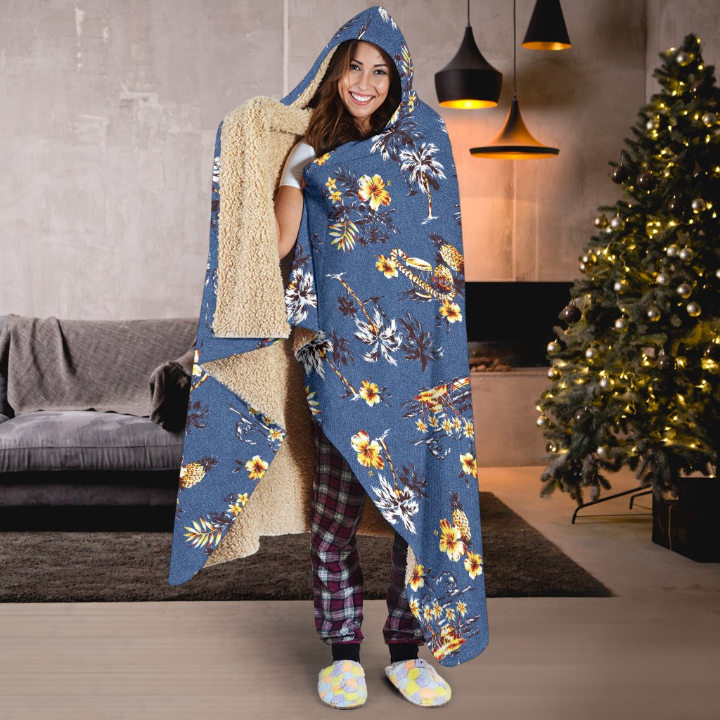 Hawaiian Flower Blue Print Hooded Blanket-JTAMIGO.COM