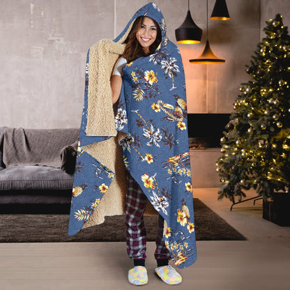 Hawaiian Flower Blue Print Hooded Blanket-JTAMIGO.COM