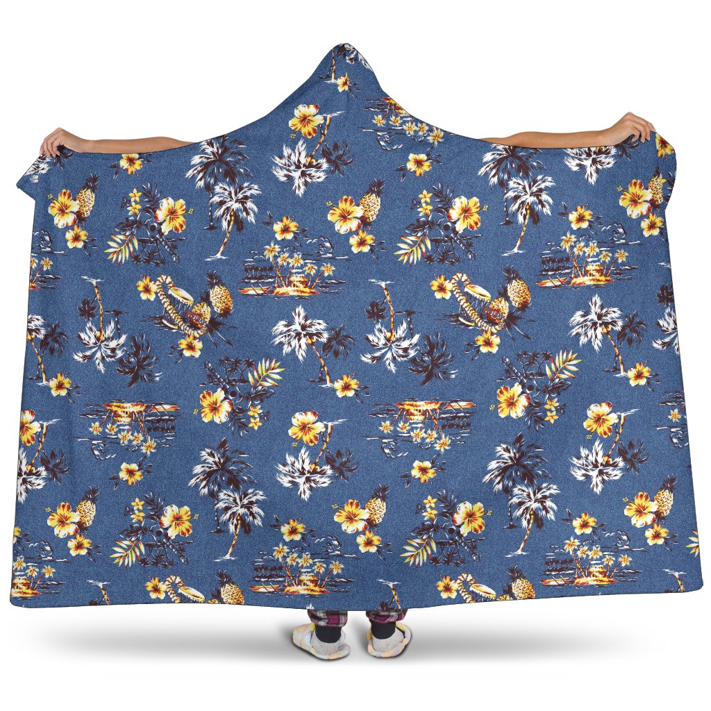 Hawaiian Flower Blue Print Hooded Blanket-JTAMIGO.COM