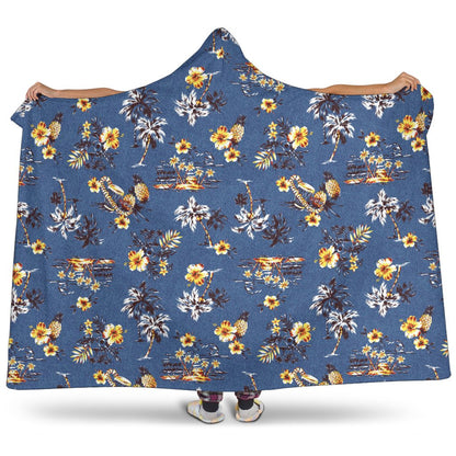 Hawaiian Flower Blue Print Hooded Blanket-JTAMIGO.COM