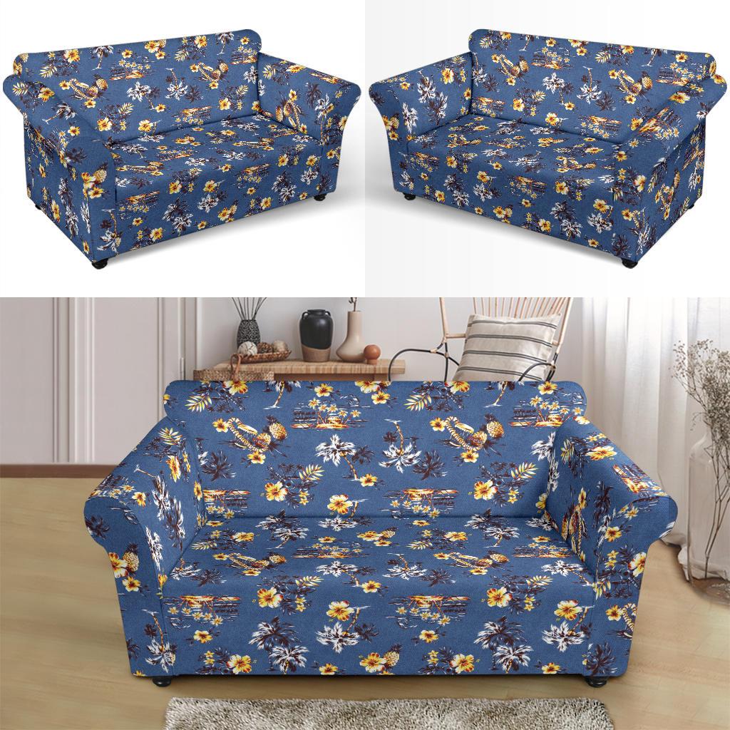 Hawaiian Flower Blue Print Loveseat Slipcover-JTAMIGO.COM