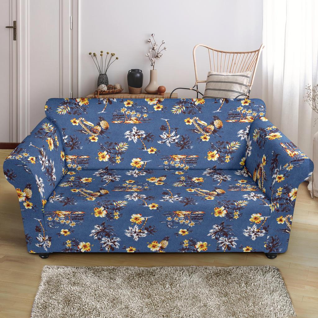 Hawaiian Flower Blue Print Loveseat Slipcover-JTAMIGO.COM