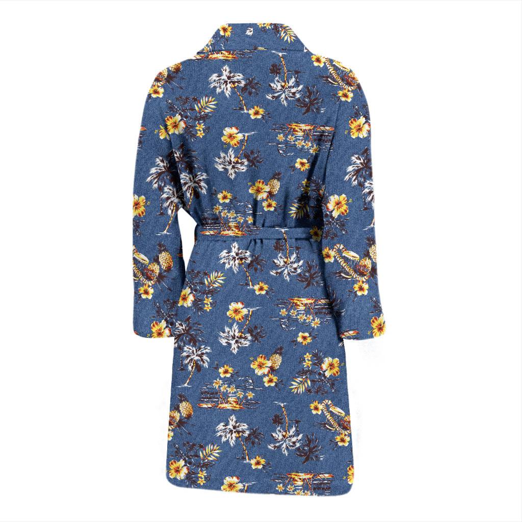 Hawaiian Flower Blue Print Men Bath Robe-JTAMIGO.COM