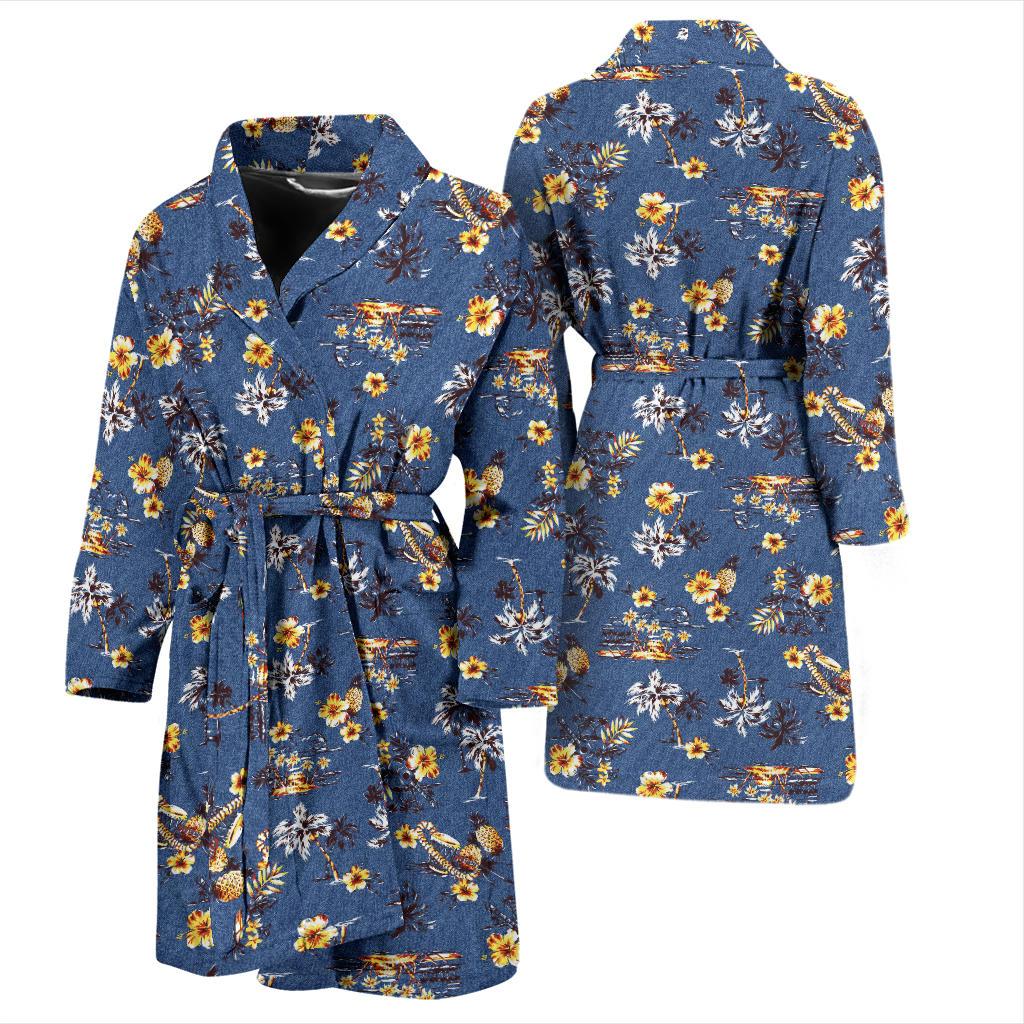 Hawaiian Flower Blue Print Men Bath Robe-JTAMIGO.COM