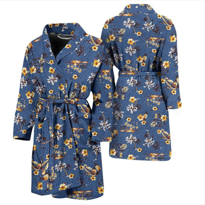 Hawaiian Flower Blue Print Men Bath Robe-JTAMIGO.COM
