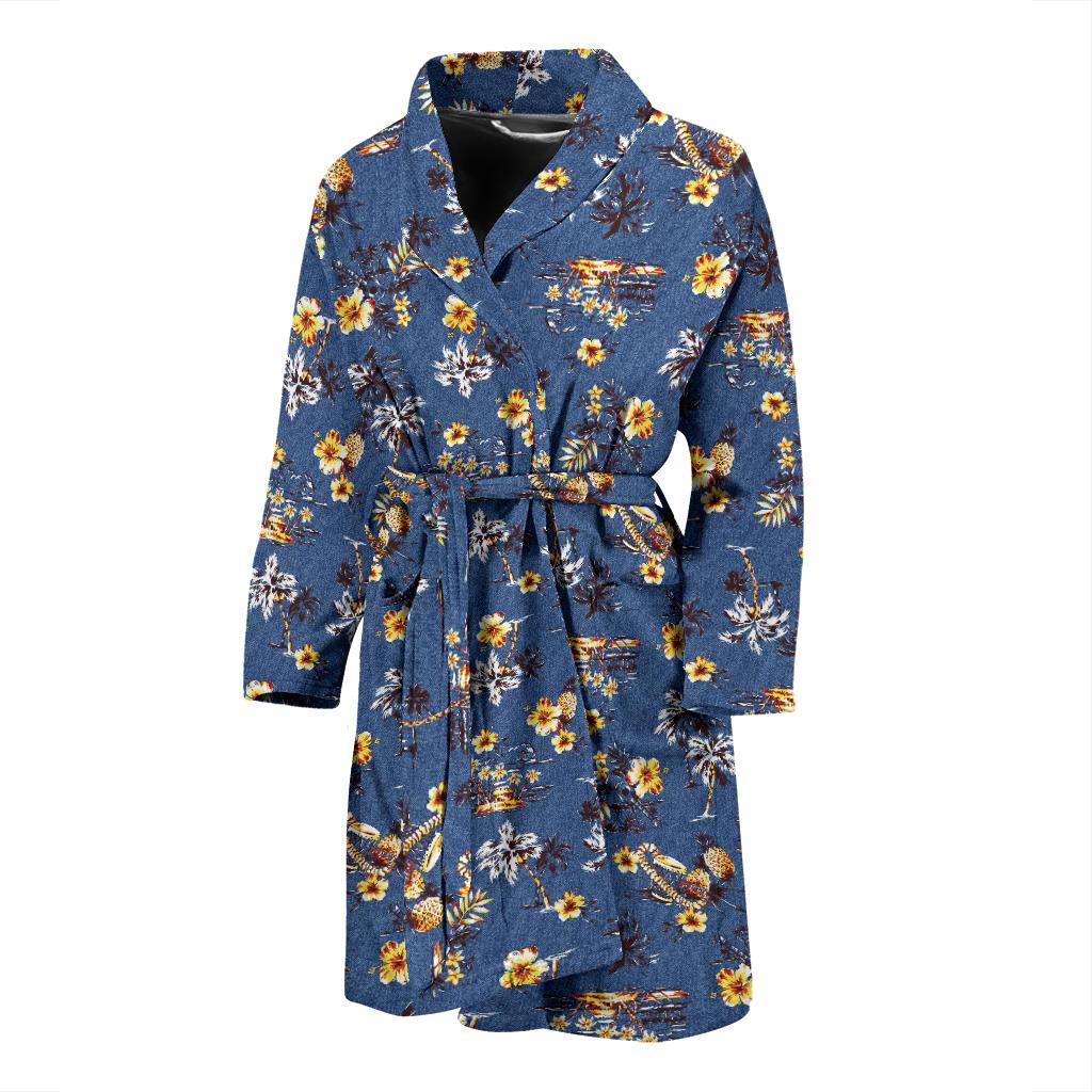 Hawaiian Flower Blue Print Men Bath Robe-JTAMIGO.COM