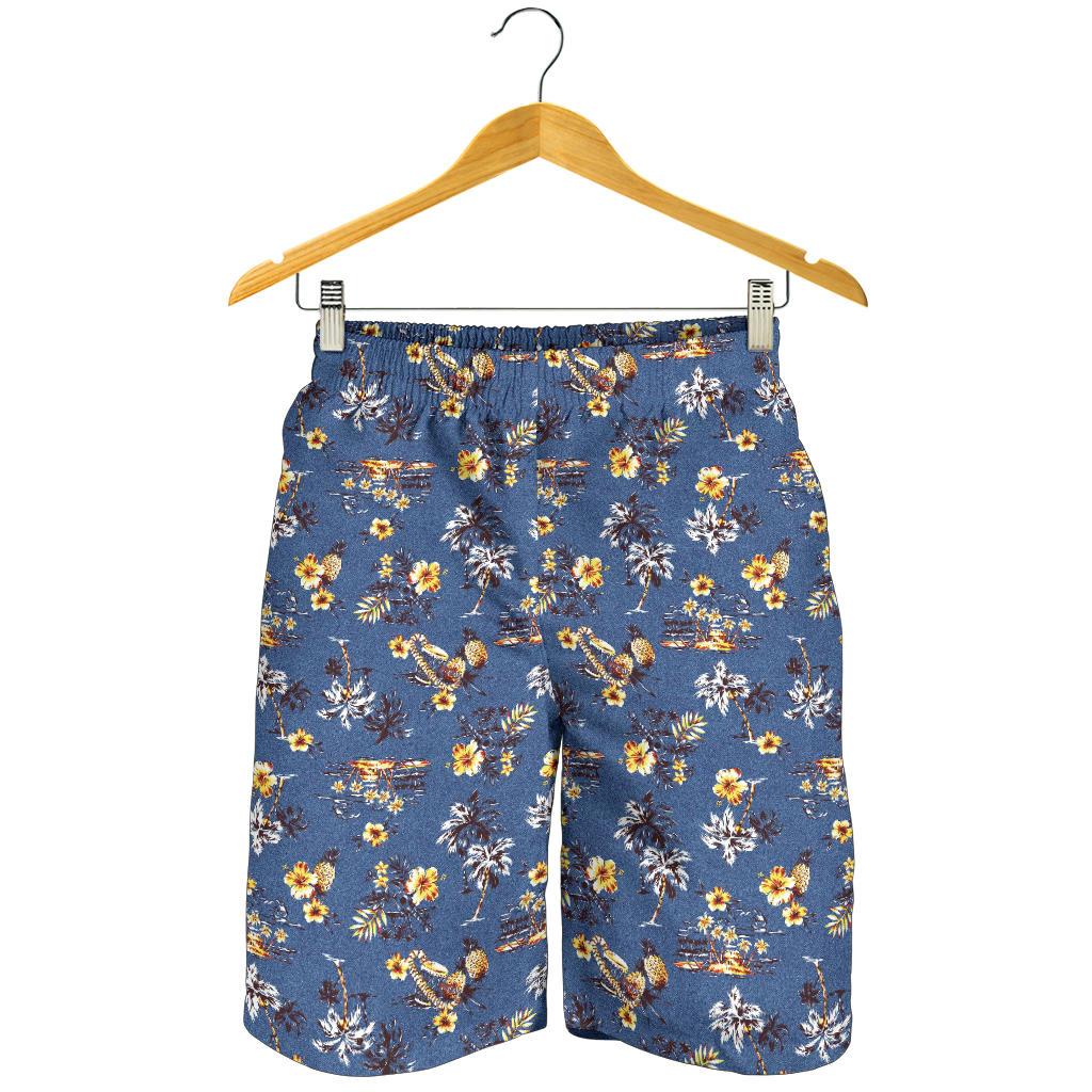 Hawaiian Flower Blue Print Mens Shorts-JTAMIGO.COM