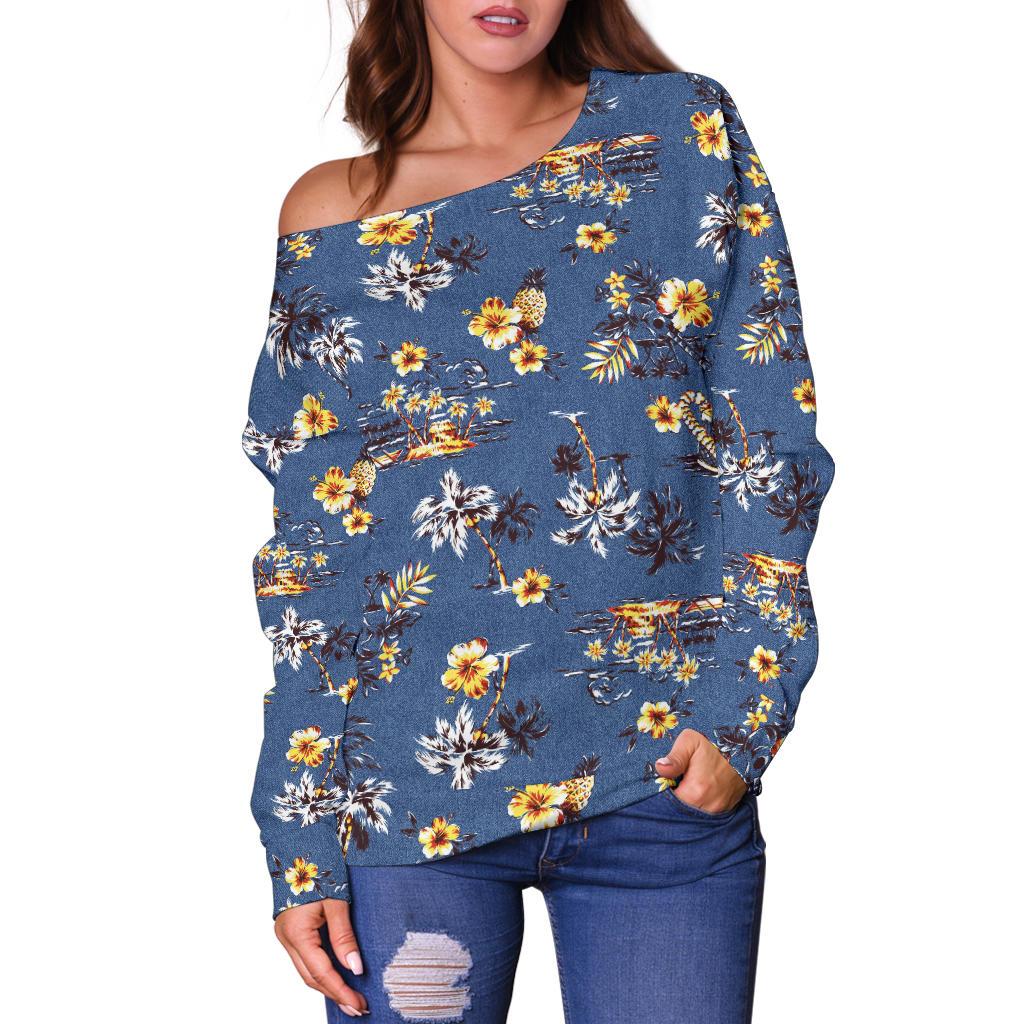 Hawaiian Flower Blue Print Off Shoulder Sweatshirt