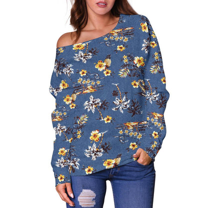 Hawaiian Flower Blue Print Off Shoulder Sweatshirt