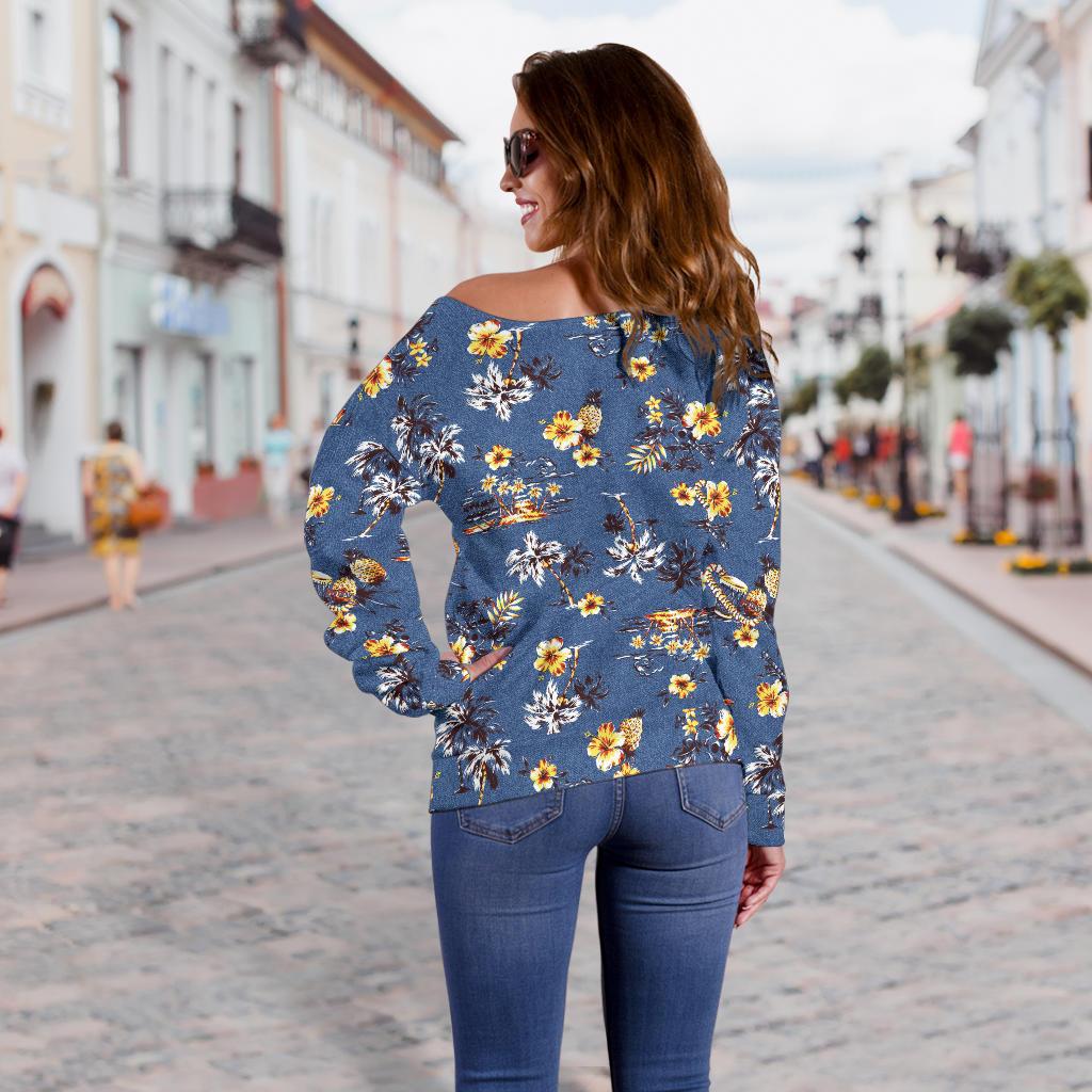 Hawaiian Flower Blue Print Off Shoulder Sweatshirt