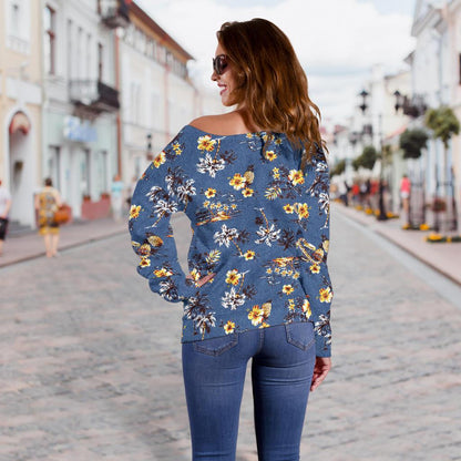Hawaiian Flower Blue Print Off Shoulder Sweatshirt