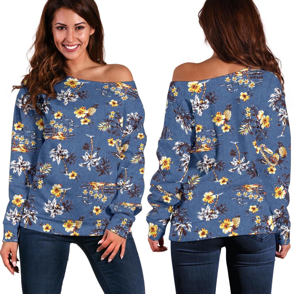 Hawaiian Flower Blue Print Off Shoulder Sweatshirt