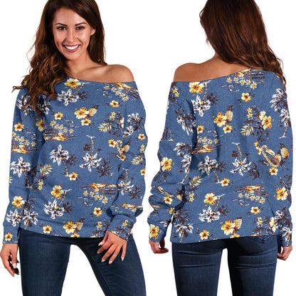 Hawaiian Flower Blue Print Off Shoulder Sweatshirt