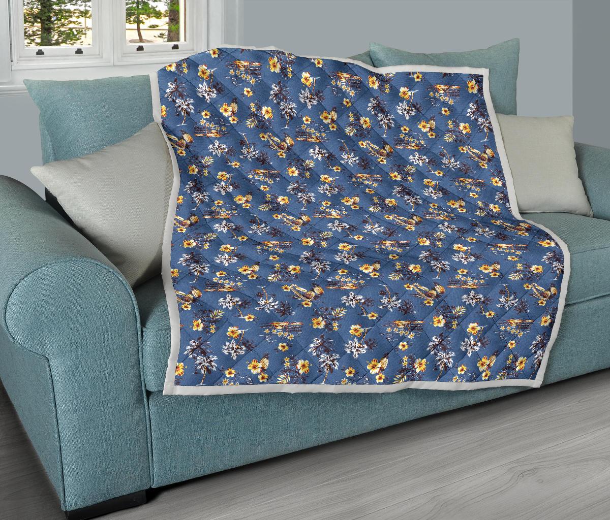 Hawaiian Flower Blue Print Premium Quilt-JTAMIGO.COM