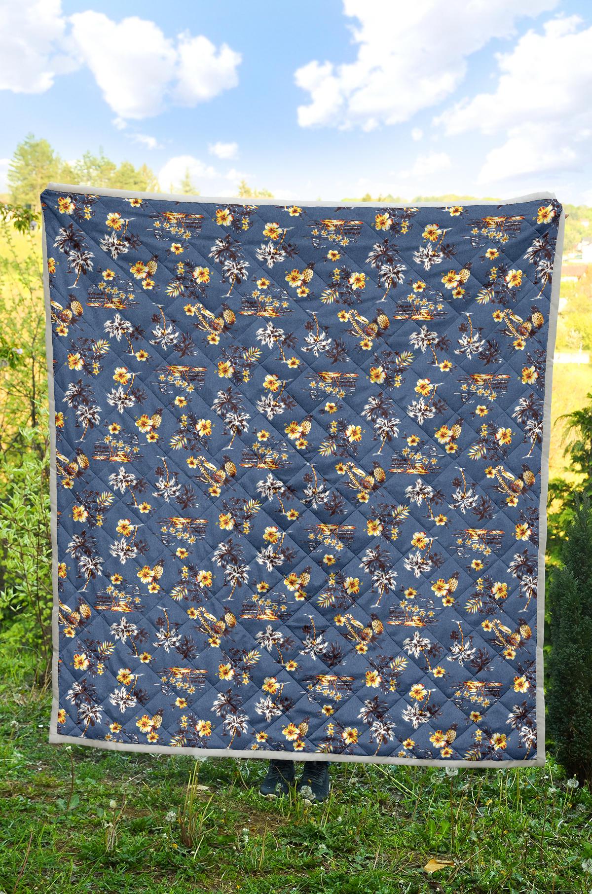 Hawaiian Flower Blue Print Premium Quilt-JTAMIGO.COM