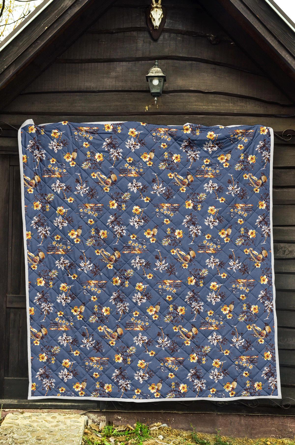 Hawaiian Flower Blue Print Premium Quilt-JTAMIGO.COM