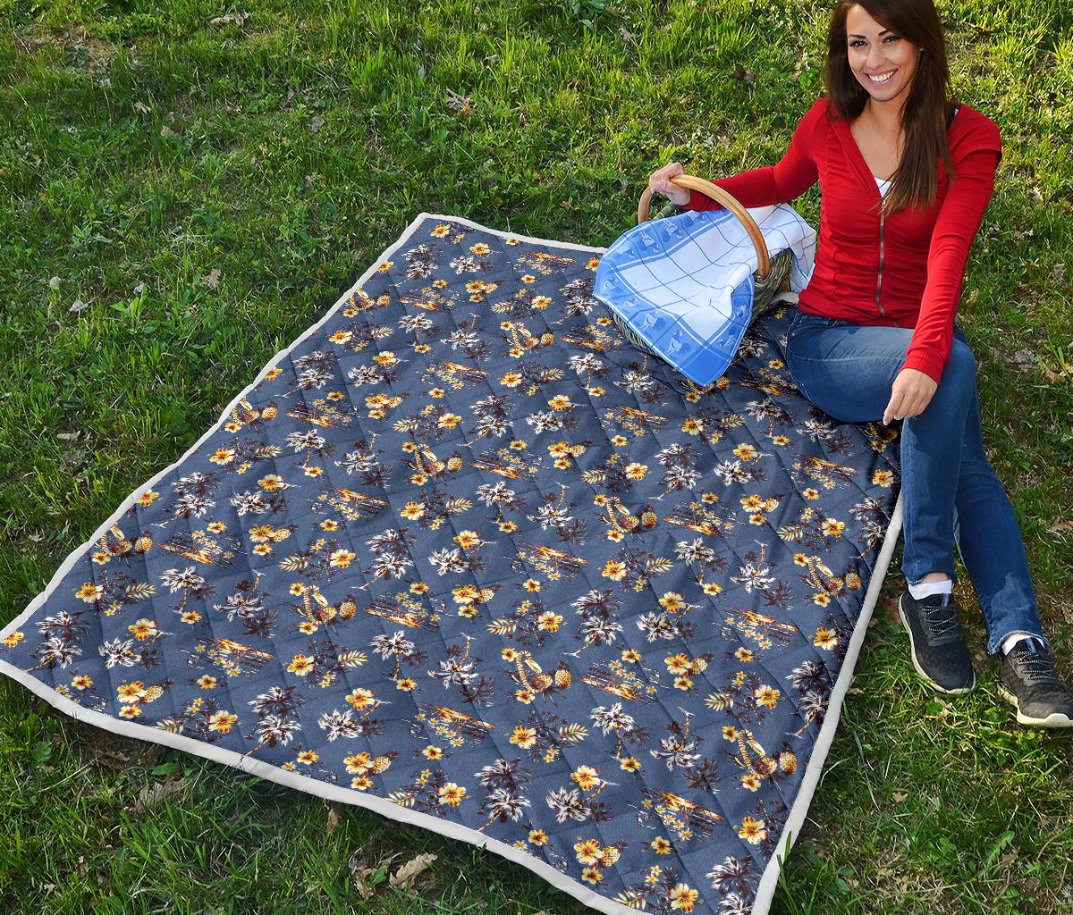 Hawaiian Flower Blue Print Premium Quilt-JTAMIGO.COM