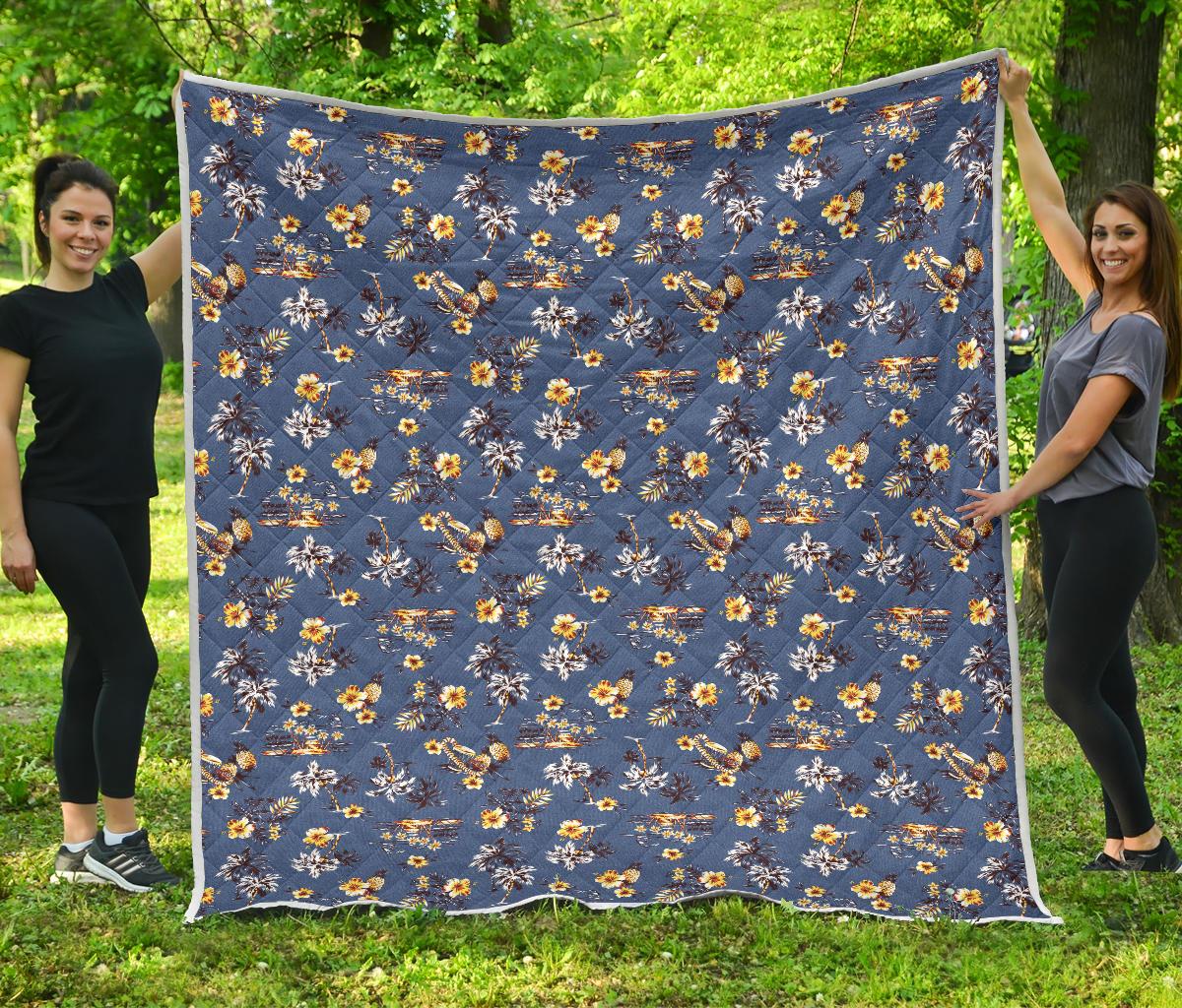 Hawaiian Flower Blue Print Premium Quilt-JTAMIGO.COM