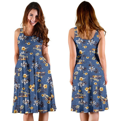 Hawaiian Flower Blue Print Sleeveless Dress