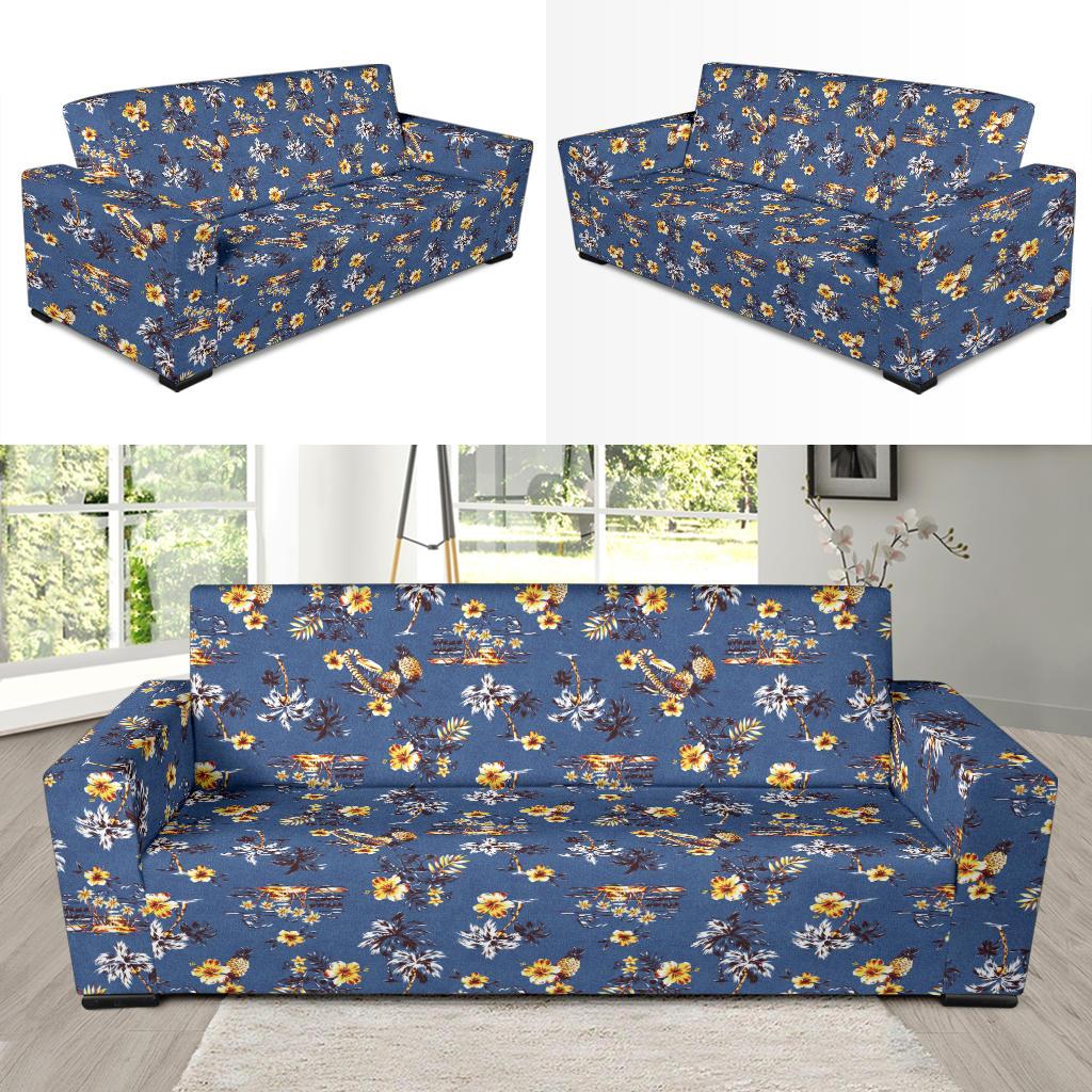 Hawaiian Flower Blue Print Sofa Slipcover-JTAMIGO.COM