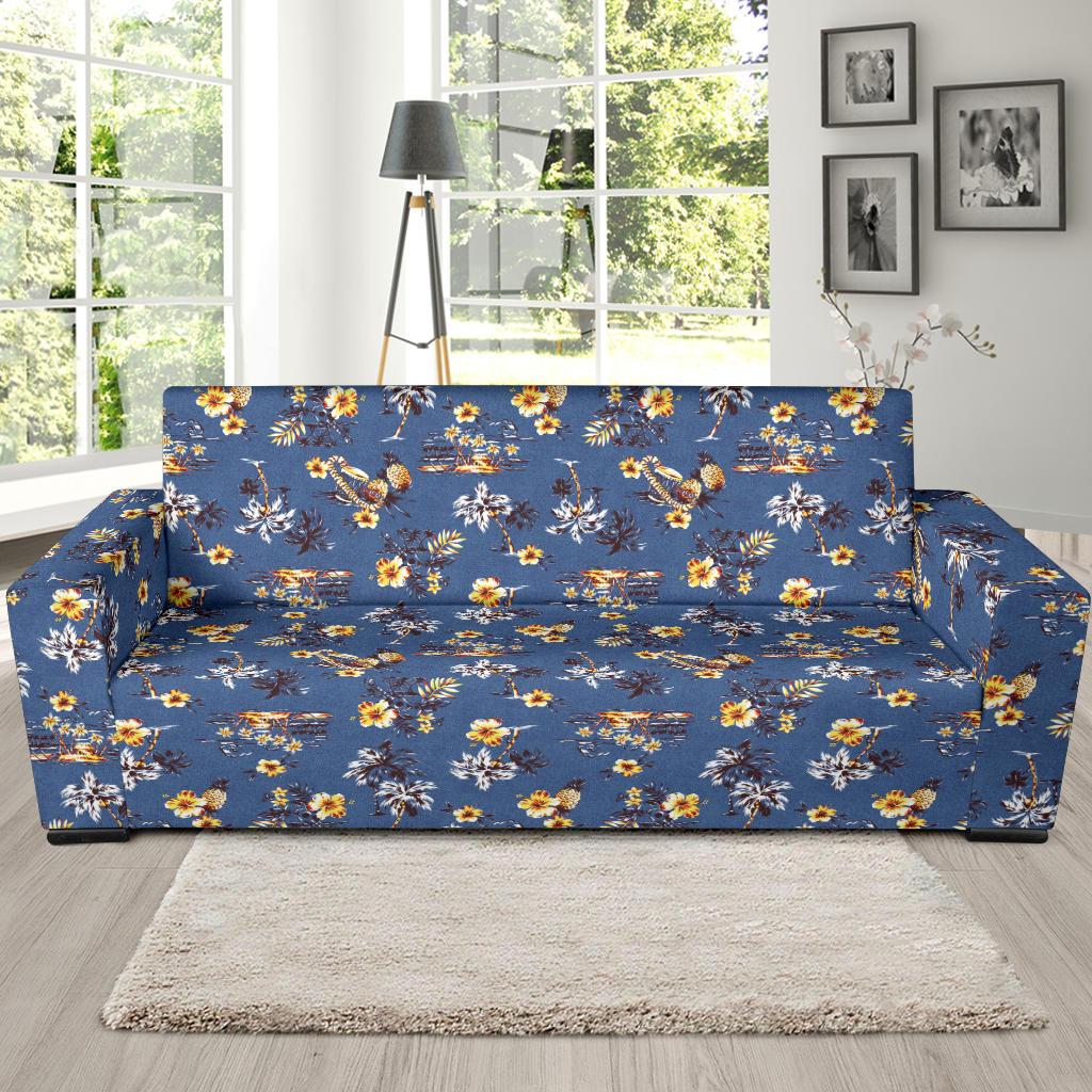 Hawaiian Flower Blue Print Sofa Slipcover-JTAMIGO.COM