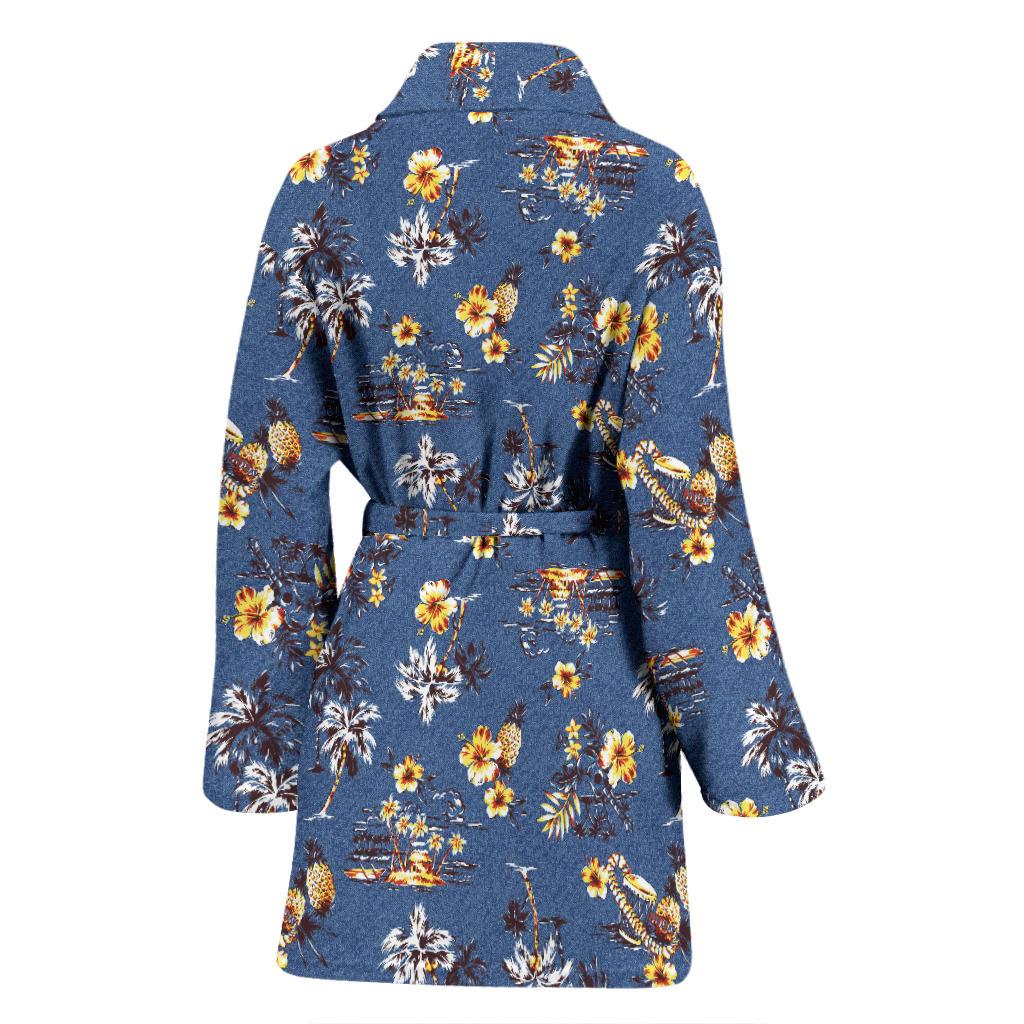 Hawaiian Flower Blue Print Women Bath Robe-JTAMIGO.COM