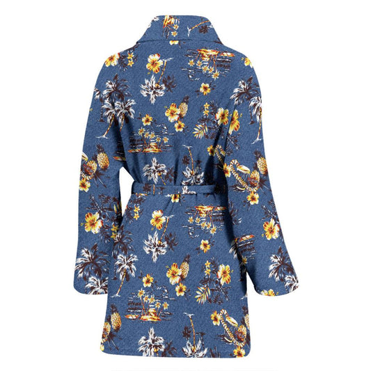 Hawaiian Flower Blue Print Women Bath Robe-JTAMIGO.COM