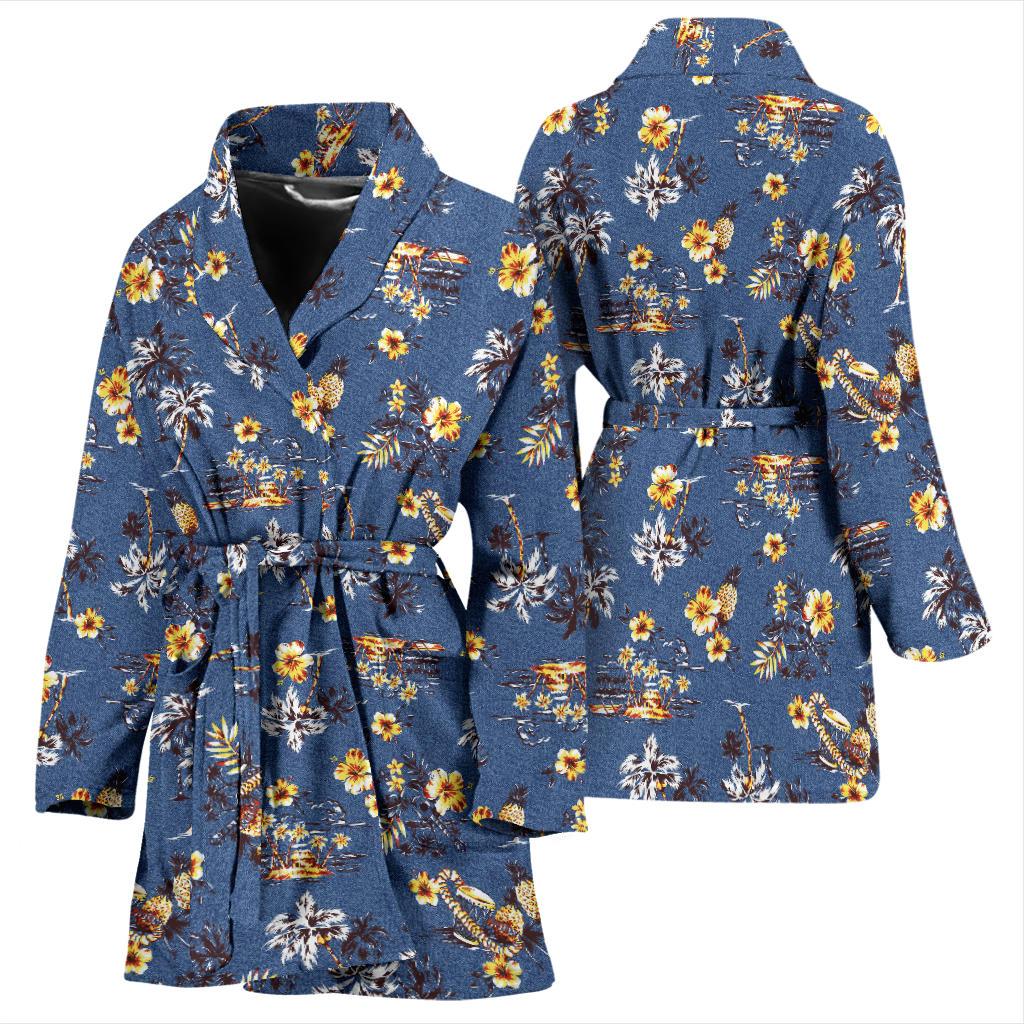 Hawaiian Flower Blue Print Women Bath Robe-JTAMIGO.COM